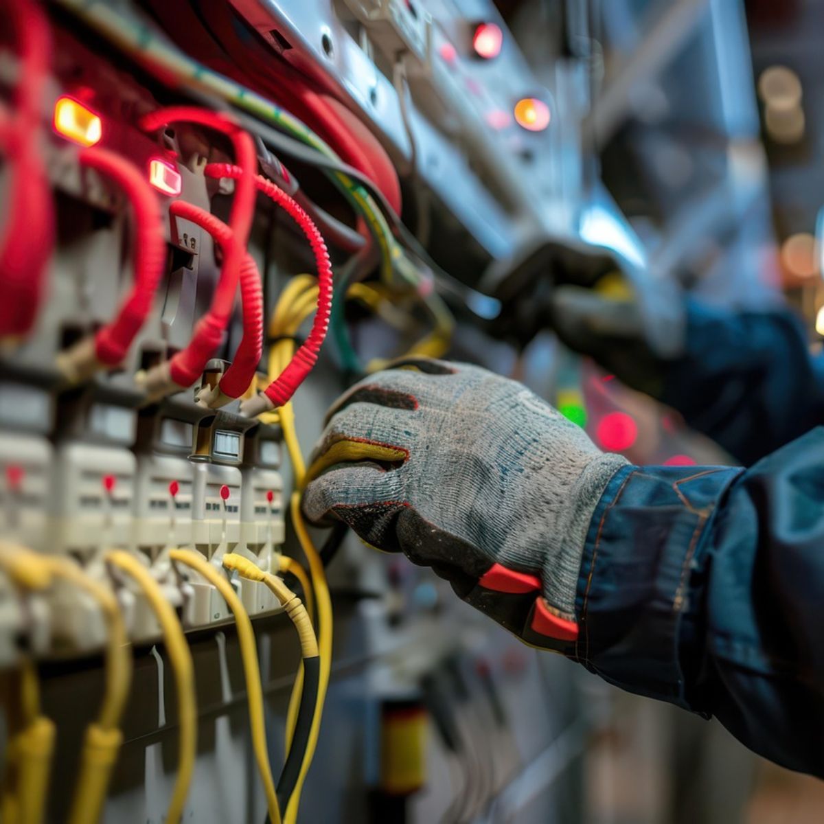 Elektriker bei der Arbeit an einem Stromkreis mit farbigen Kabeln Ein Elektriker arbeitet an einem Stromkreis, mit grauen Handschuhen und bunten Kabeln an einem Schaltschrank in einer technischen Umgebung.