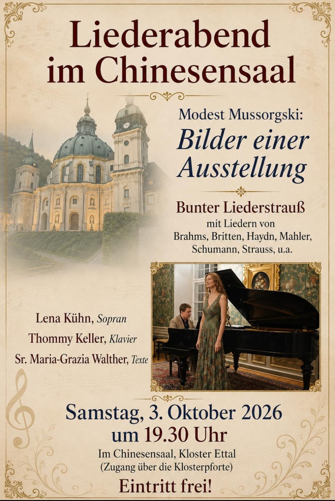 Plakat zum Liederabend im Chinesensaal des Klosters Ettal am 3. Oktober 2026 um 19:30 Uhr