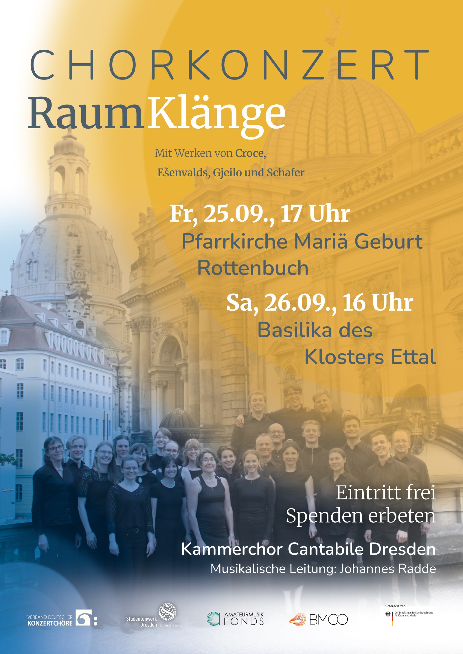Plakat zum Chorkonzert RaumKlänge am 25. September in Rottenbuch und am 26. September in der Basilika Kloster Ettal